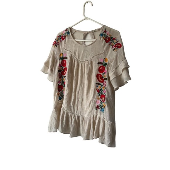 Altar’d State Boho BlouseWomens Small S Embroidered Ruffled Top in Natural - Picture 2 of 12